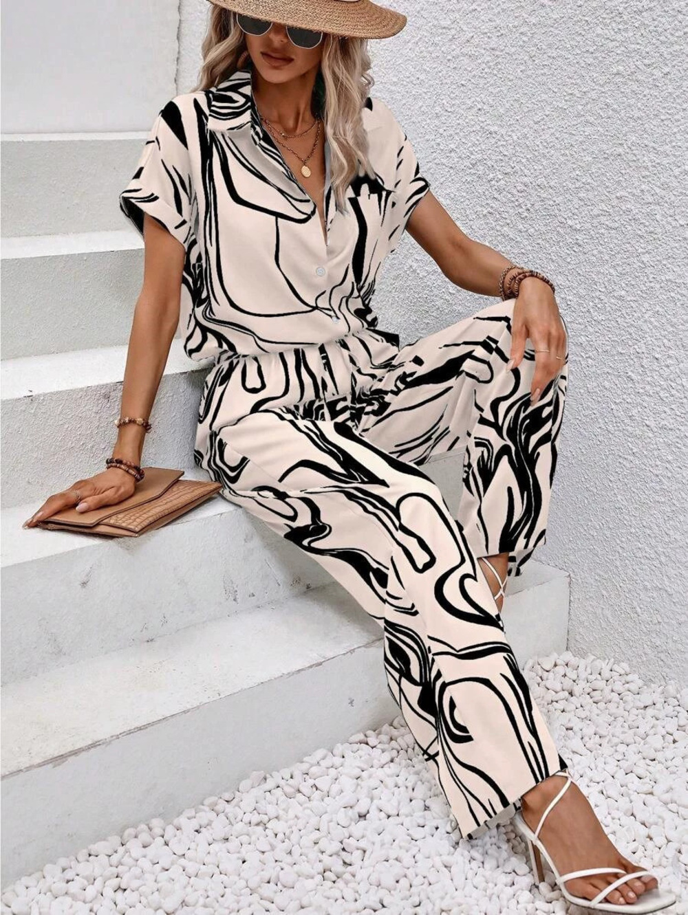 Forever 21 Summer Elegant Casual Line Short-Sleeve Shirt Pants Set